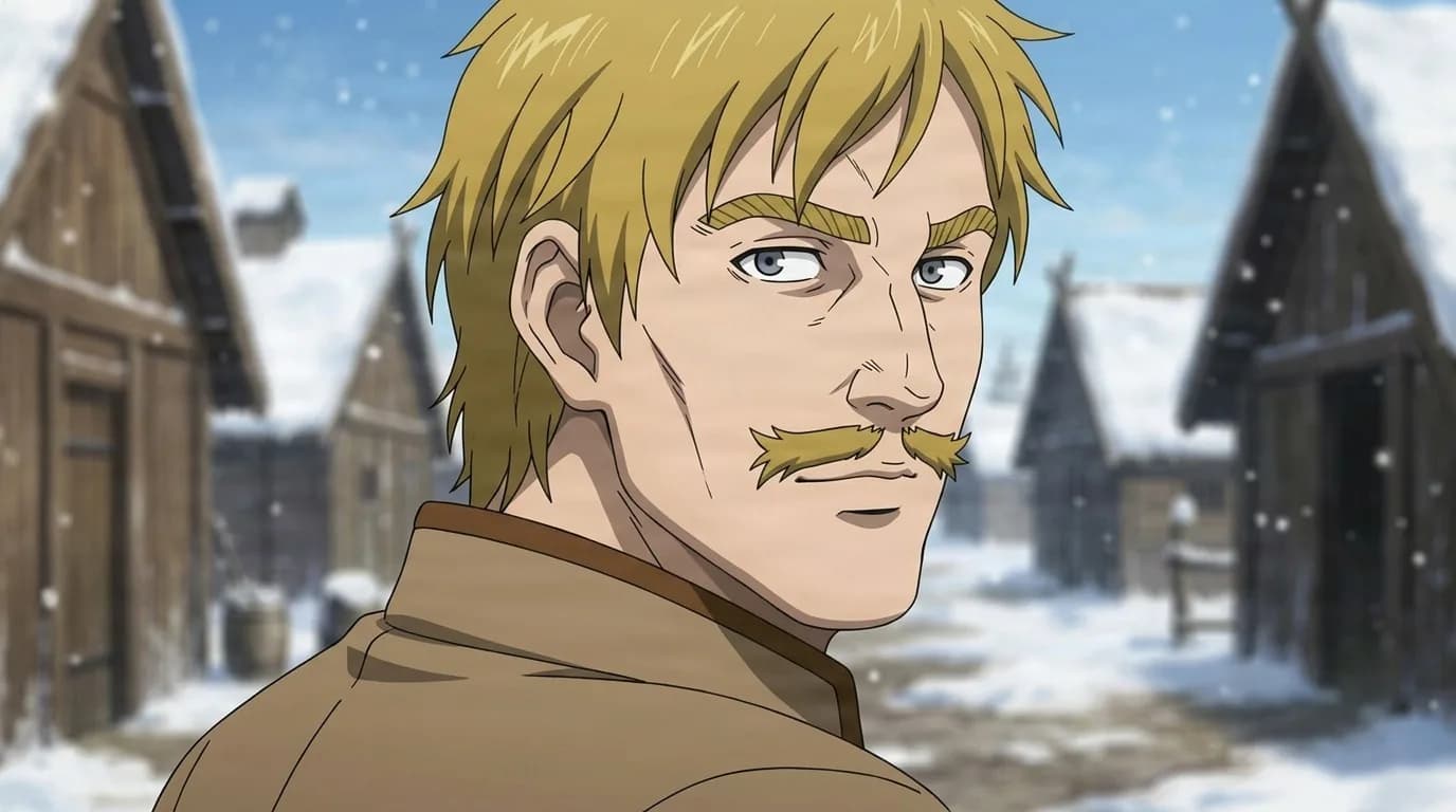 Atli, a blond Norseman with a thick moustache in a brown tunic, glancing back among snow-covered timber longhouses