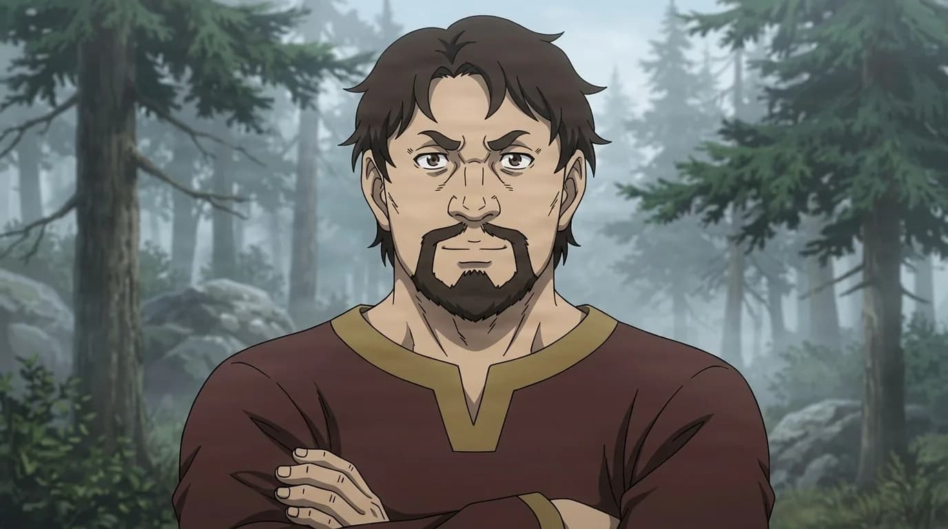 Badger standing with arms crossed and a stern frown, dark beard and scarred face, red tunic with gold trim, misty pine forest behind him