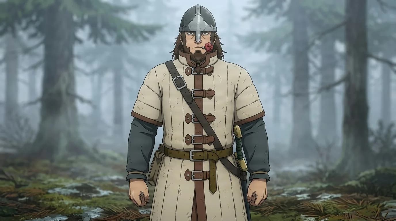 Bjorn in a nasal helm and quilted gambeson with a sword at his hip, standing in a cold misty pine forest
