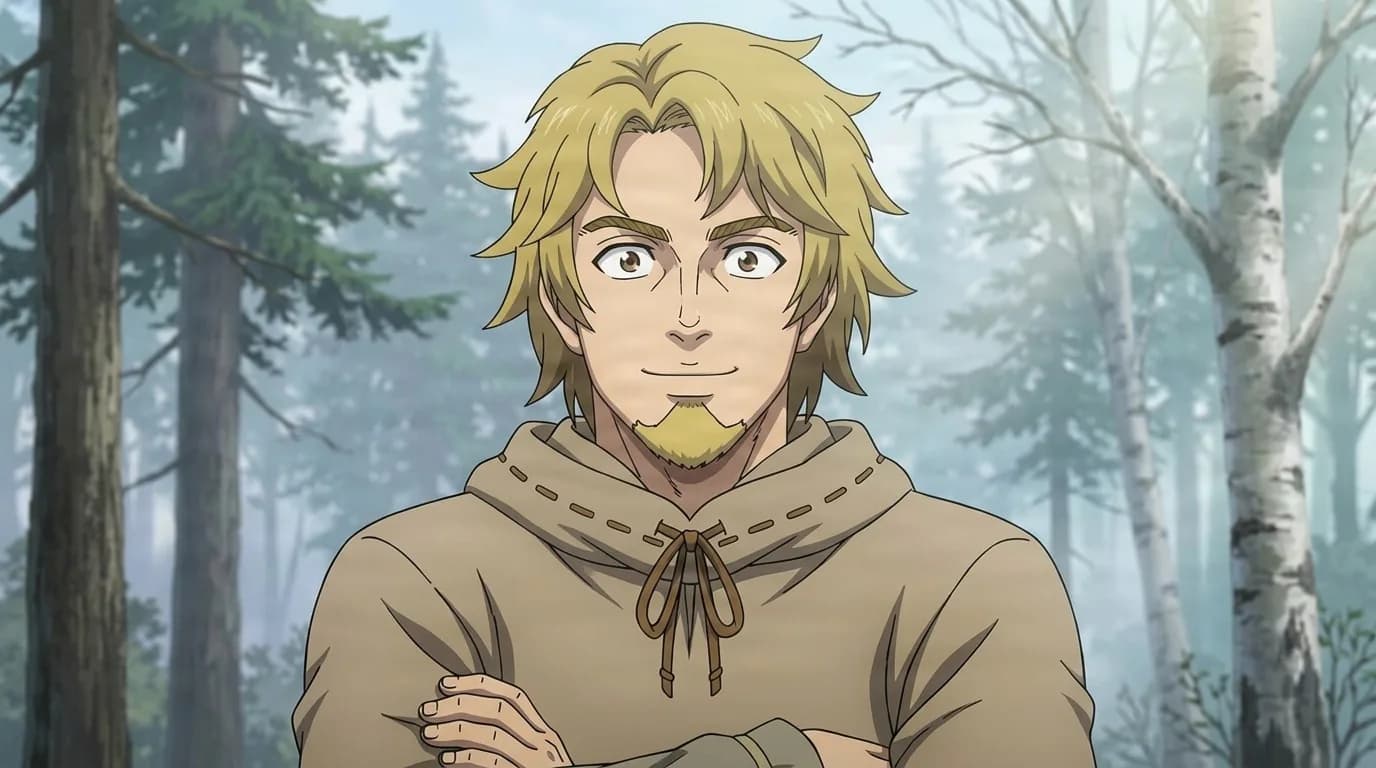 Bug-Eyes smirking with his arms crossed in a misty forest, wide staring eyes and a blond chin beard, wearing a tan hooded tunic.