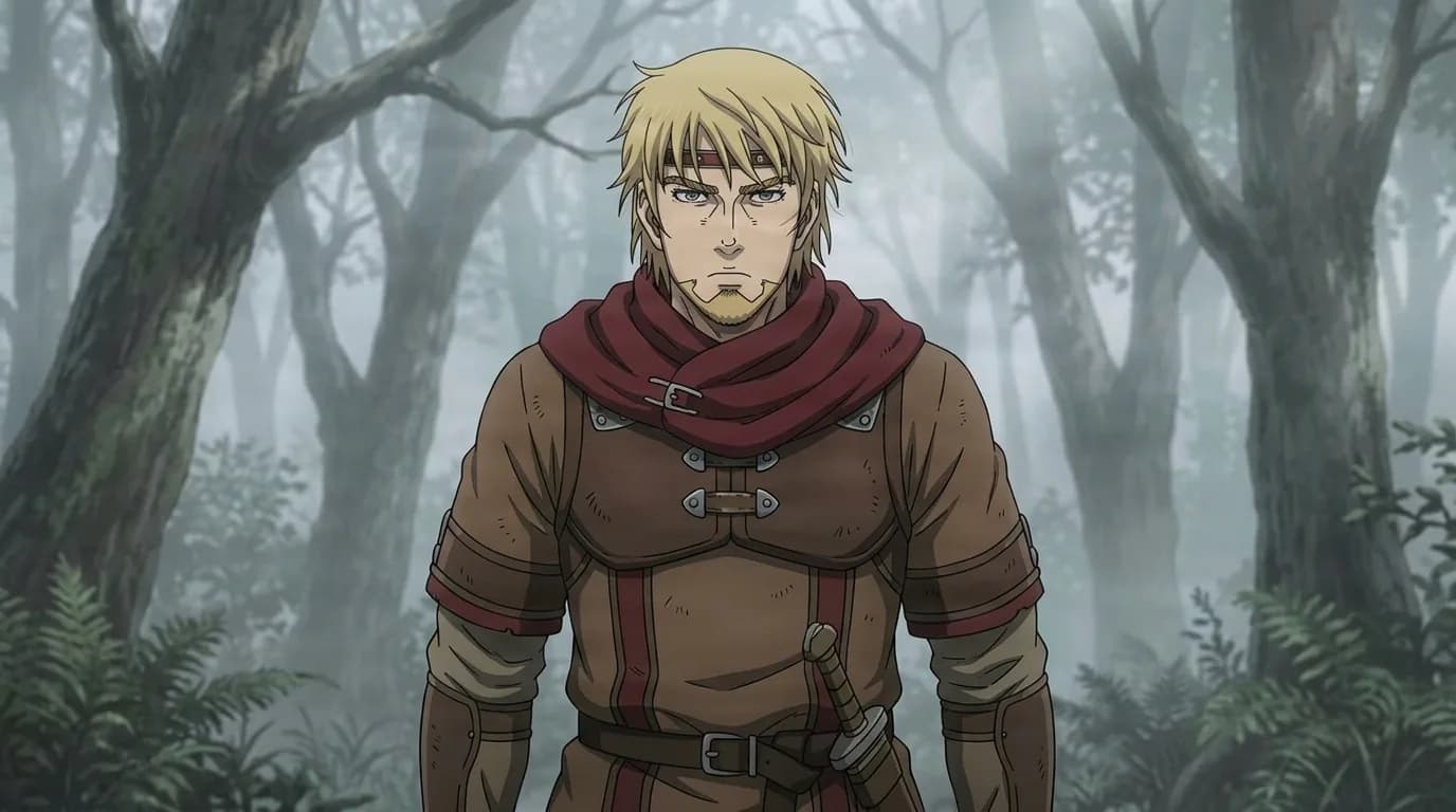 Canute, a young man with reddish hair and grey eyes wearing a gold crown and fur-collared black cloak, looking back across a snowbound village