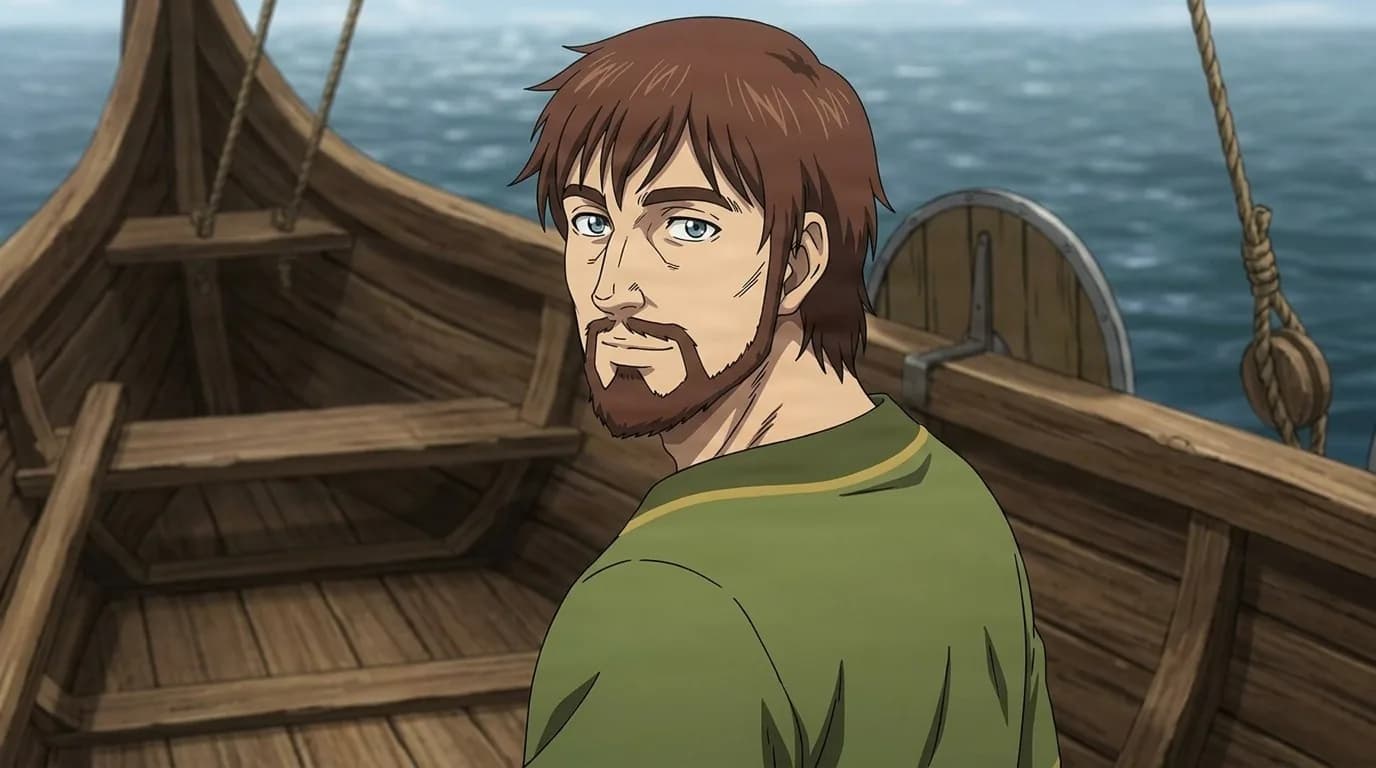 Einar, a brown-haired man with a short beard in a green tunic, glancing back from the deck of a wooden longship at sea