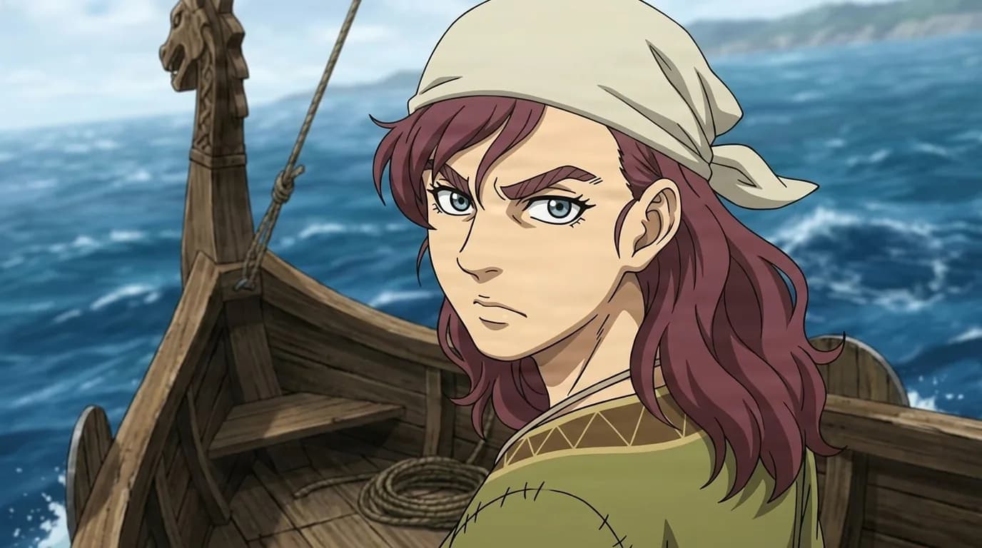 Emma with wavy burgundy hair under a pale headscarf, wearing a patched green tunic aboard a longship on open water