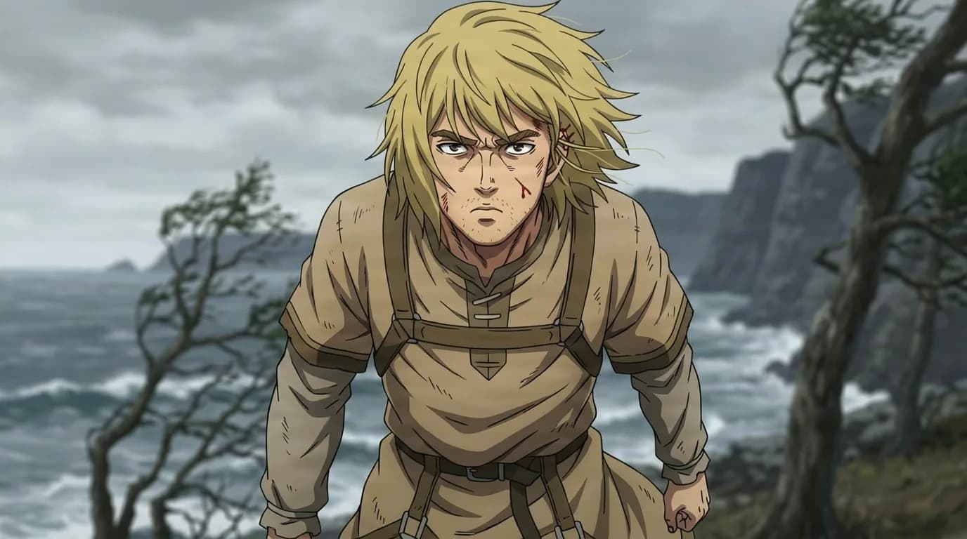 Fox, a blond young man with a scarred face in a worn tan tunic and leather harness, braced on a windswept clifftop above a grey sea