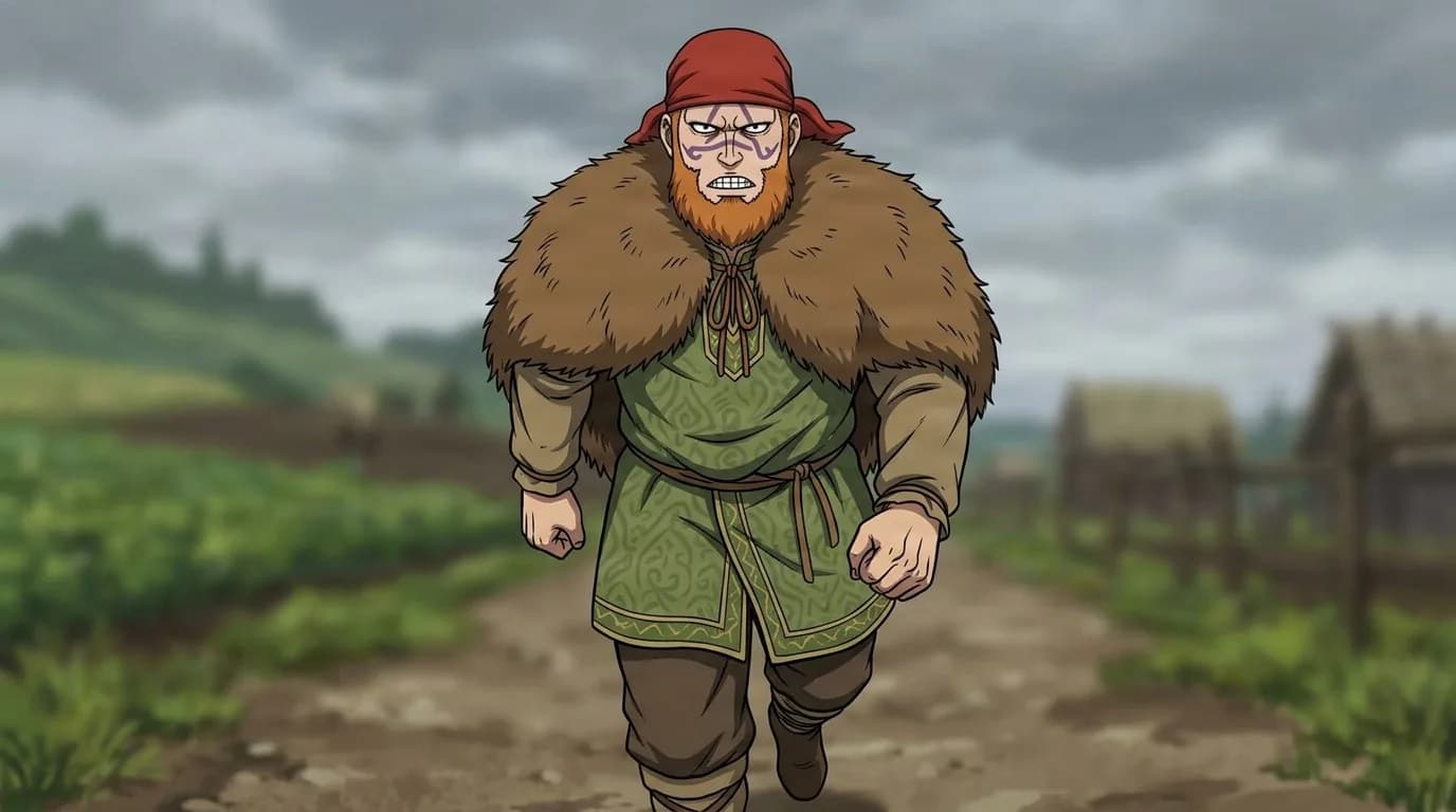 Ganglati, a heavyset red-bearded Norseman in a fur-shouldered green tunic and red headwrap, striding down a farm track under grey cloud