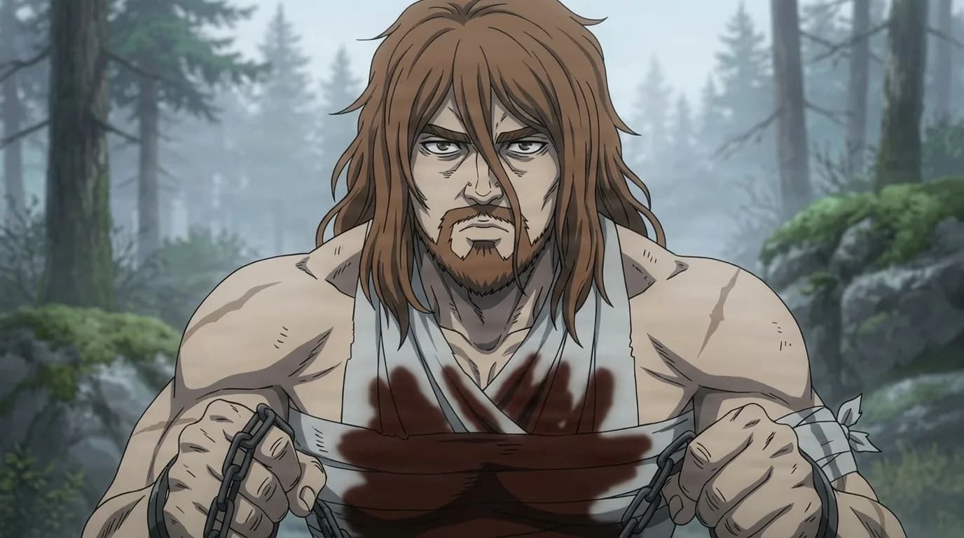 Gardar, a long-haired bearded man in a blood-stained white shirt gripping broken chains in a misty pine forest