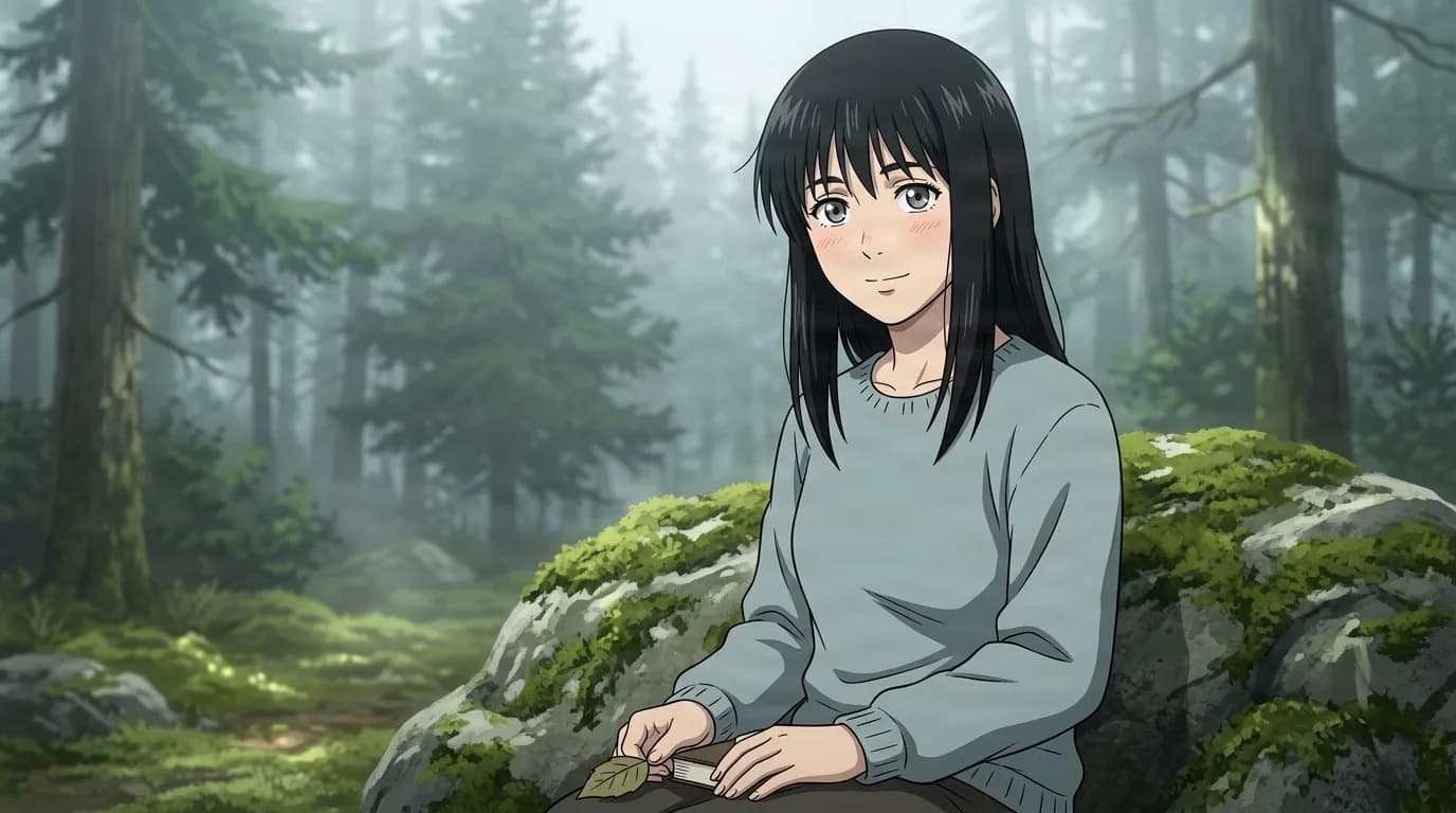 霧立ち込める松林で苔むした岩にもたれかかるグズリーズ、黒のロングヘアと淡い青のセーター、手に掲げた一枚の葉