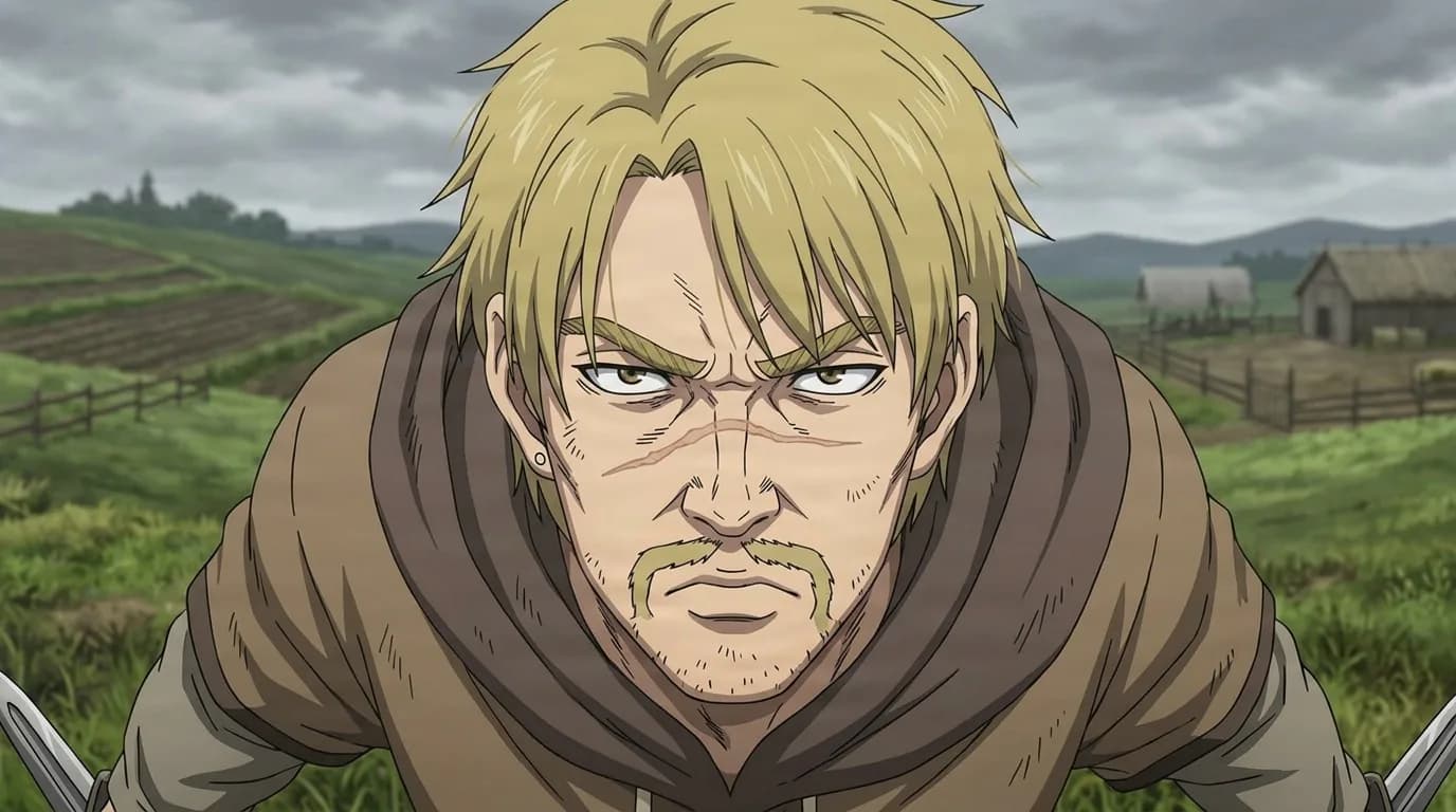 Haldor, a blond man with a drooping moustache in a brown hooded cloak, leaning toward the viewer above green farm fields