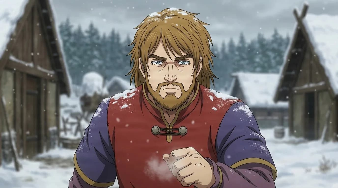 Harald, a bearded Norseman in a red and purple tunic dusted with snow, raising a fist in a wintry timber village