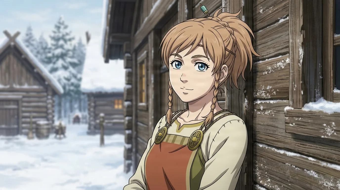 Lotta, a young woman with a ginger ponytail and braids in a Norse apron dress, leaning against a timber wall in a snowy village