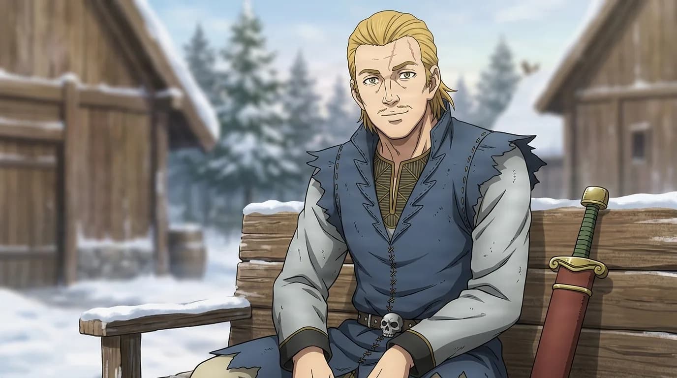 Olmar, a young blond man with a scar on his brow in a blue fur-trimmed tunic, seated on a bench beside a sheathed sword in a snowy settlement