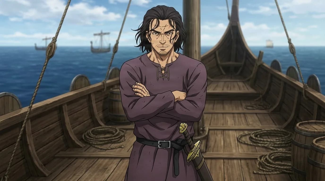Snake, a scarred dark-haired swordsman with arms folded over a purple tunic, standing on the deck of a longship at sea