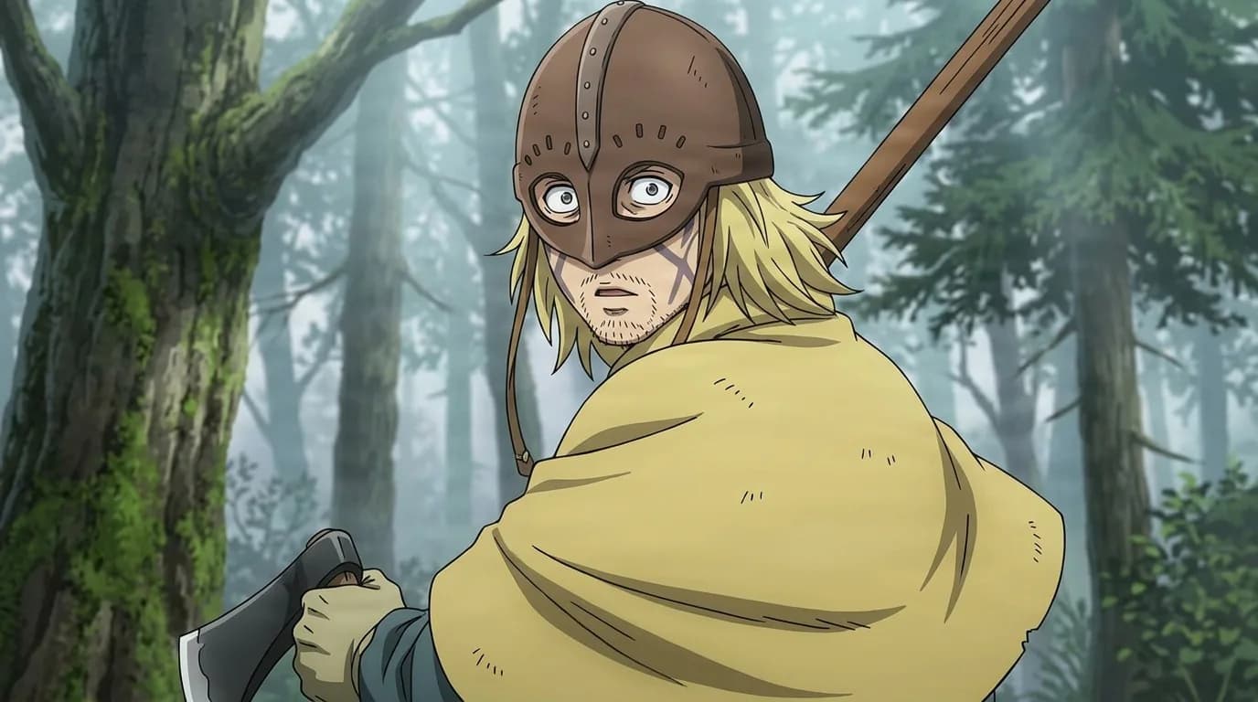 Styrk in a riveted leather helm and heavy yellow cloak, gripping an axe and glancing back in a misty forest