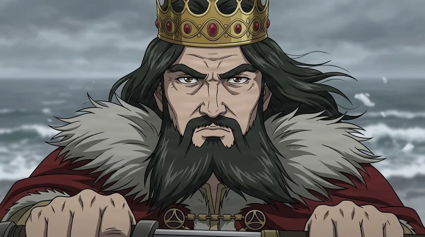 King Sweyn scowling in a jeweled gold crown and fur-lined red cloak, both fists gripping a sword hilt, grey storm sea behind him