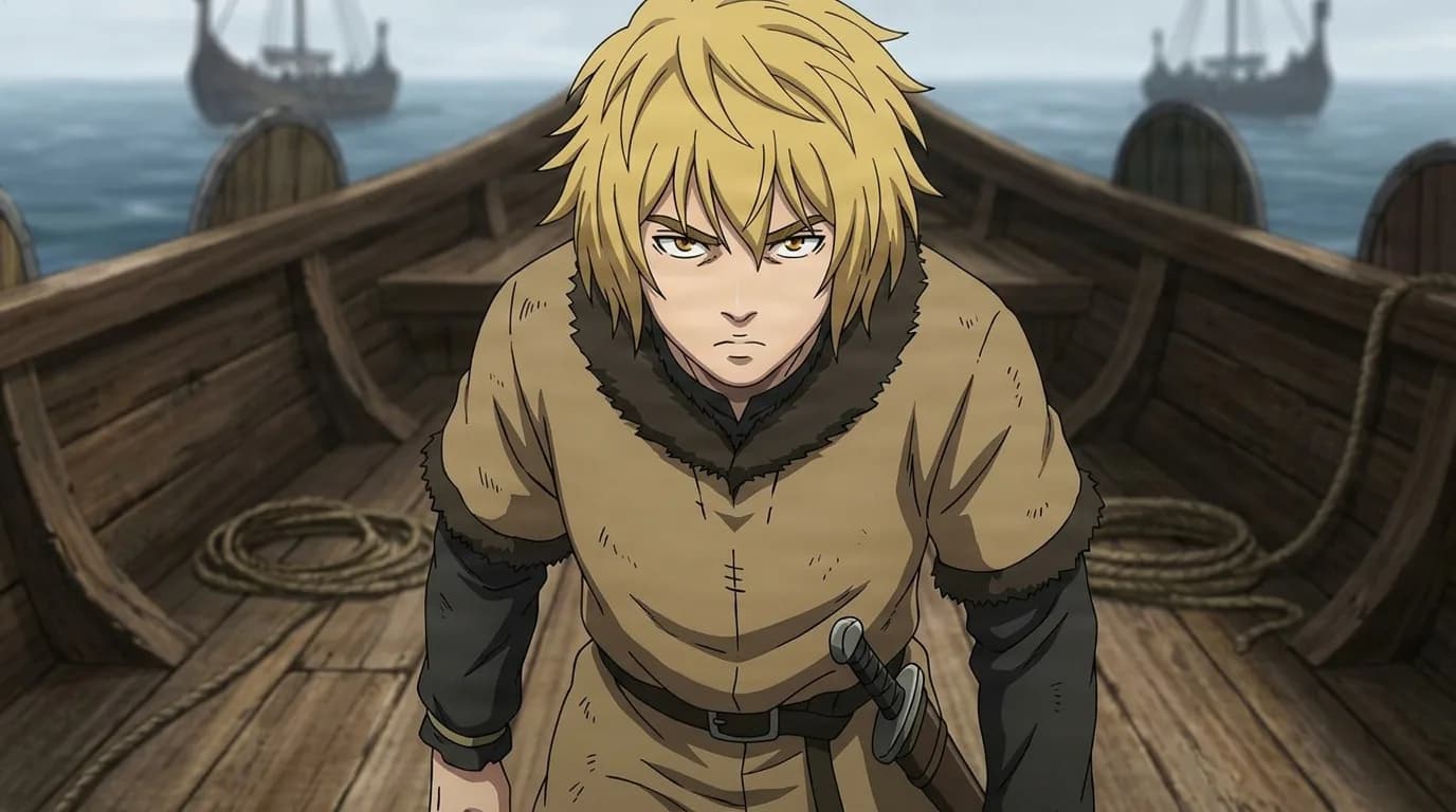 Thorfinn, a blond young man with amber eyes in a fur-lined tunic with a dagger at his belt, leaning forward on a longship deck