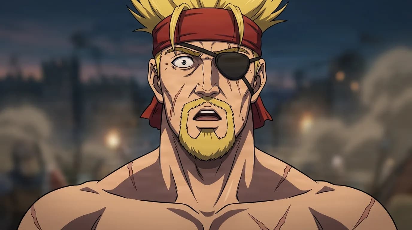 Thorkell from Vinland Saga in a close-framed cel-shaded anime scene with a detailed environment