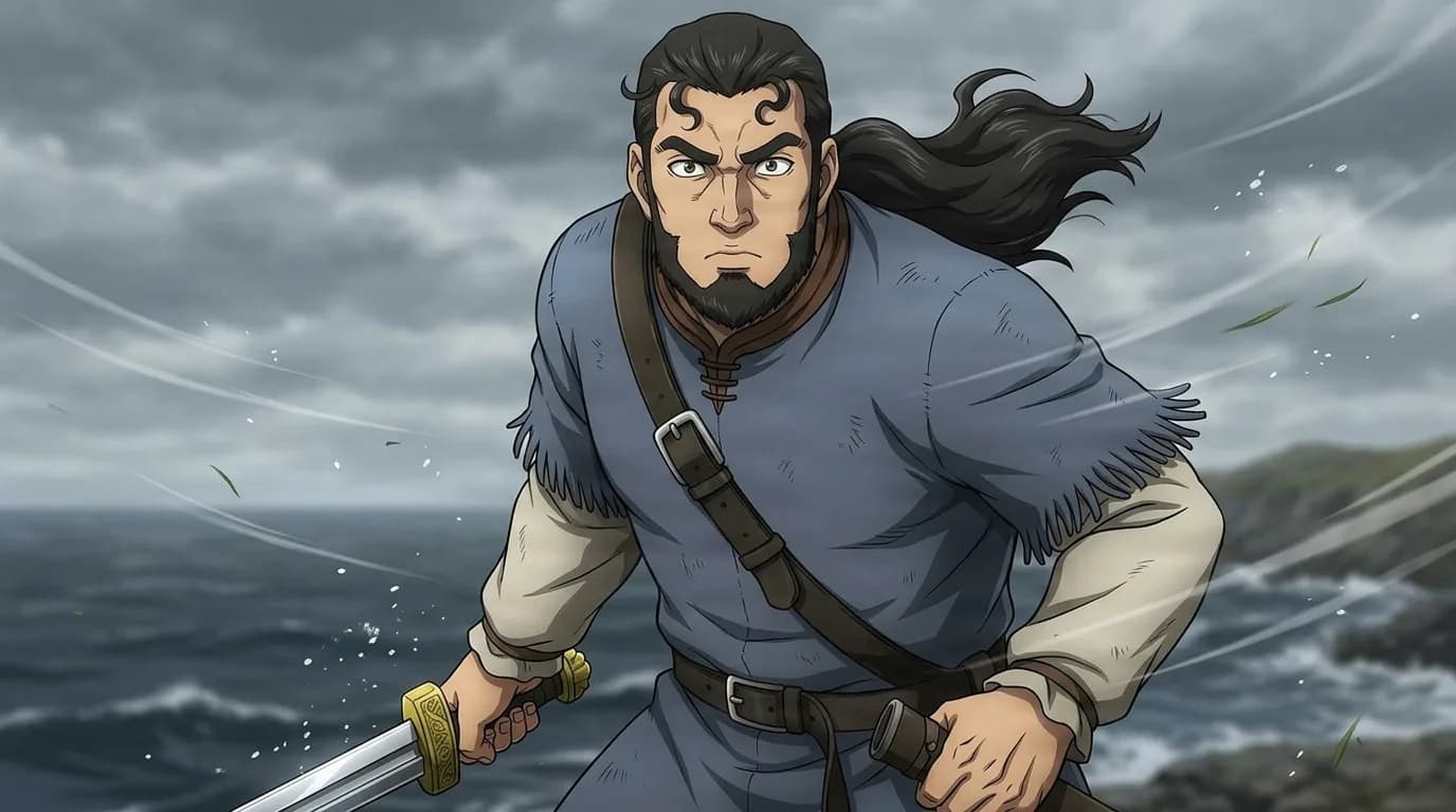 Thors Snorresson, a dark-haired bearded warrior in a blue tunic drawing a sword on a windswept rocky shore