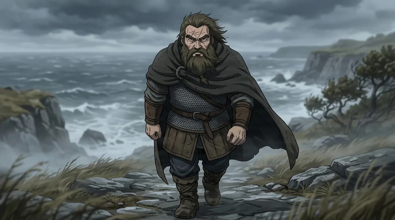Vagn, a stocky bearded Viking in chainmail and a dark cloak, striding up a rocky coastal path under heavy storm clouds