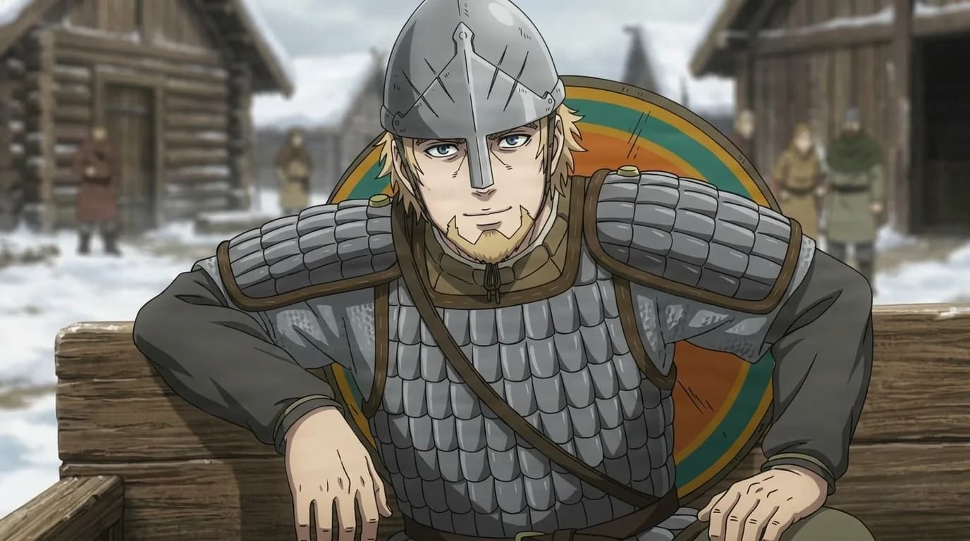 Wulf in a conical nasal helm and scale armour with a round shield on his back, leaning on a timber rail in a snowy village