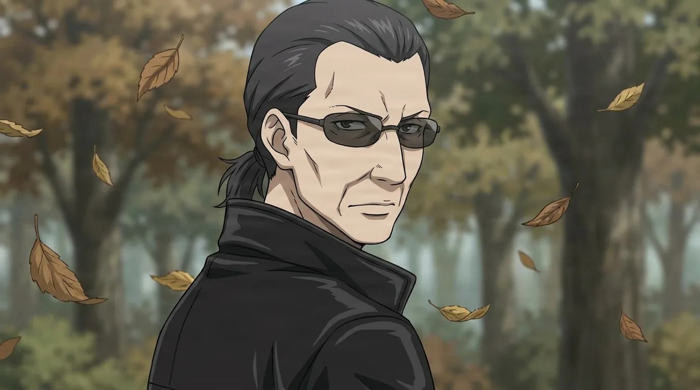 Chantha, a stern man with slicked-back dark hair and dark sunglasses, turns his head amid falling autumn leaves in a forest.