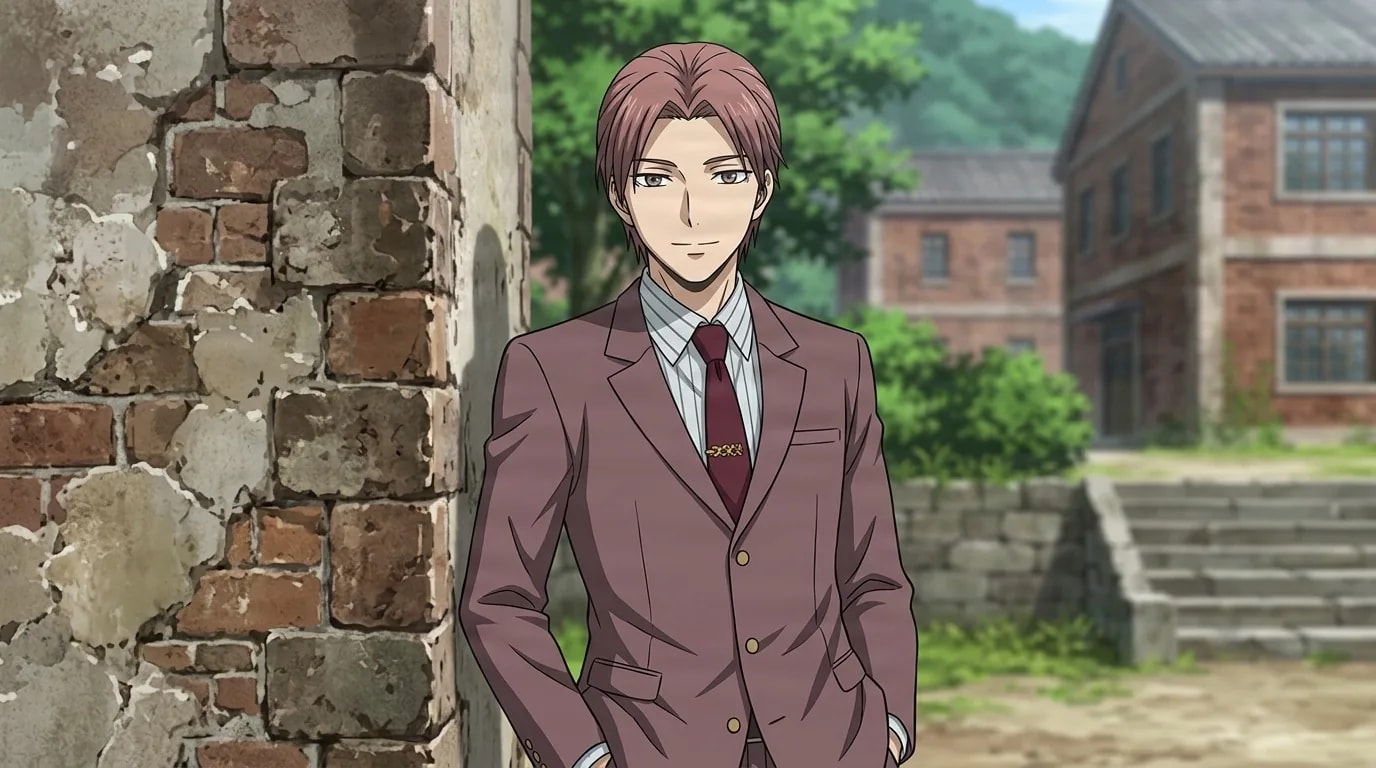 Gakuho Asano standing hands in pockets by a weathered brick wall, faint smile, mauve suit over a striped shirt and dark red tie