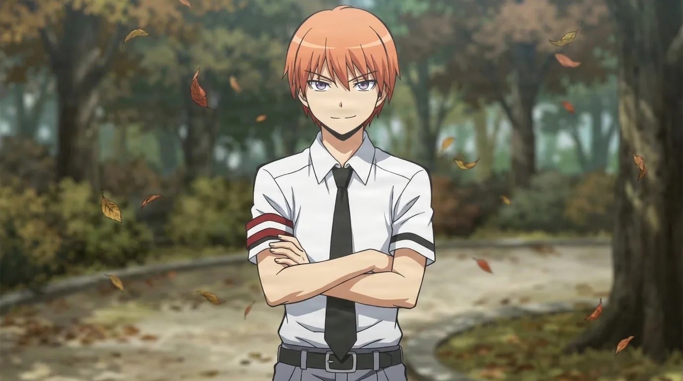 Gakushu Asano stands with arms crossed in a white shirt, tie, and armband, ginger hair lit by an autumn park behind him.