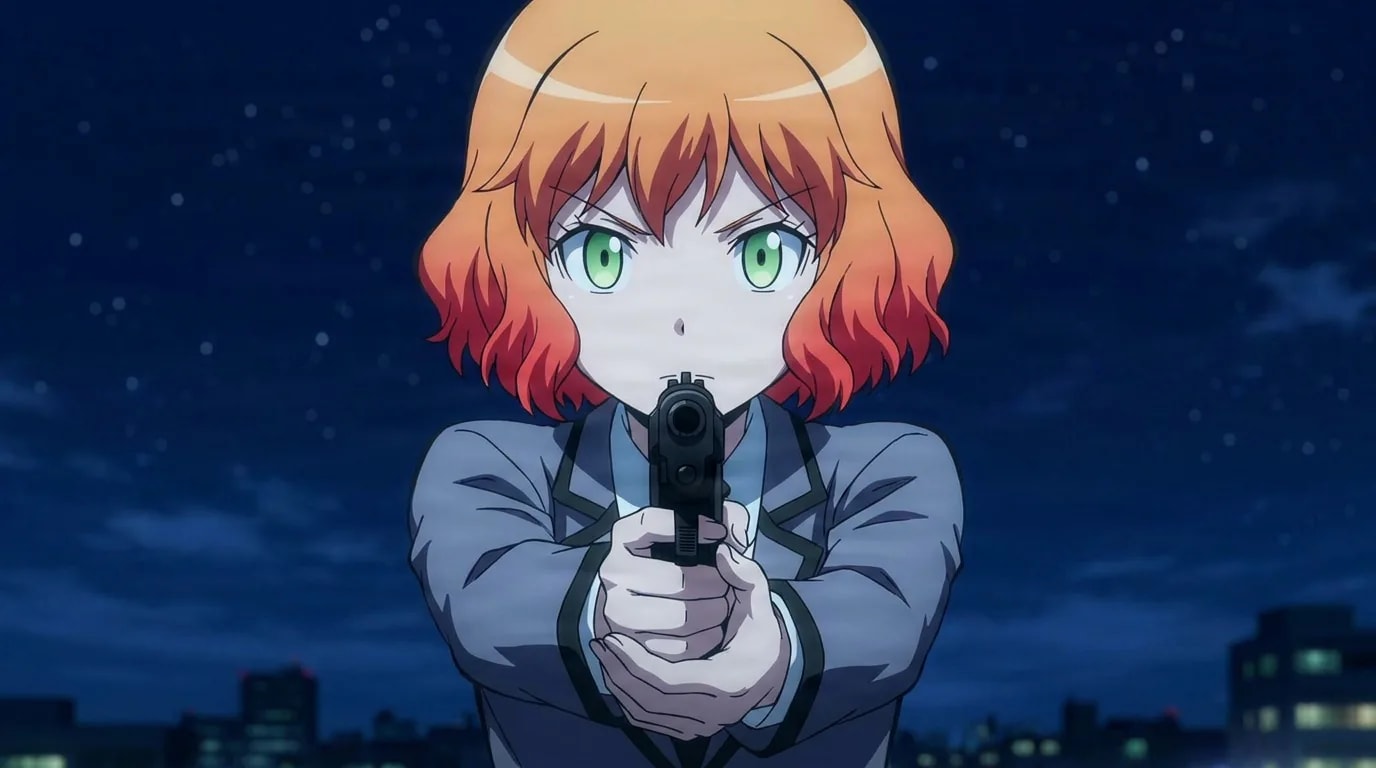 Hinano Kurahashi aims a pistol straight at the viewer with both hands, orange hair and green eyes against a night sky.