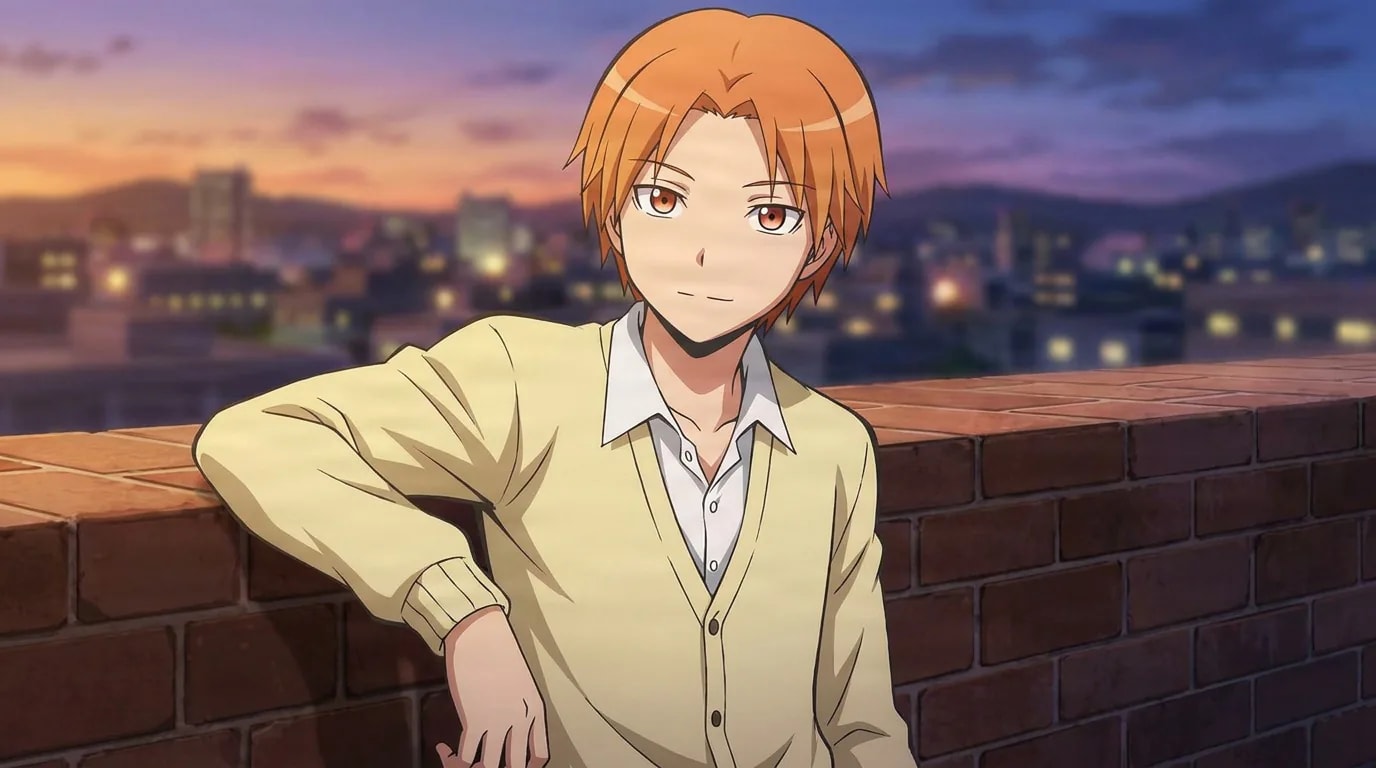 Hiroto Maehara leans against a brick rooftop wall in a yellow cardigan, one hand on his hip, city skyline glowing at dusk.