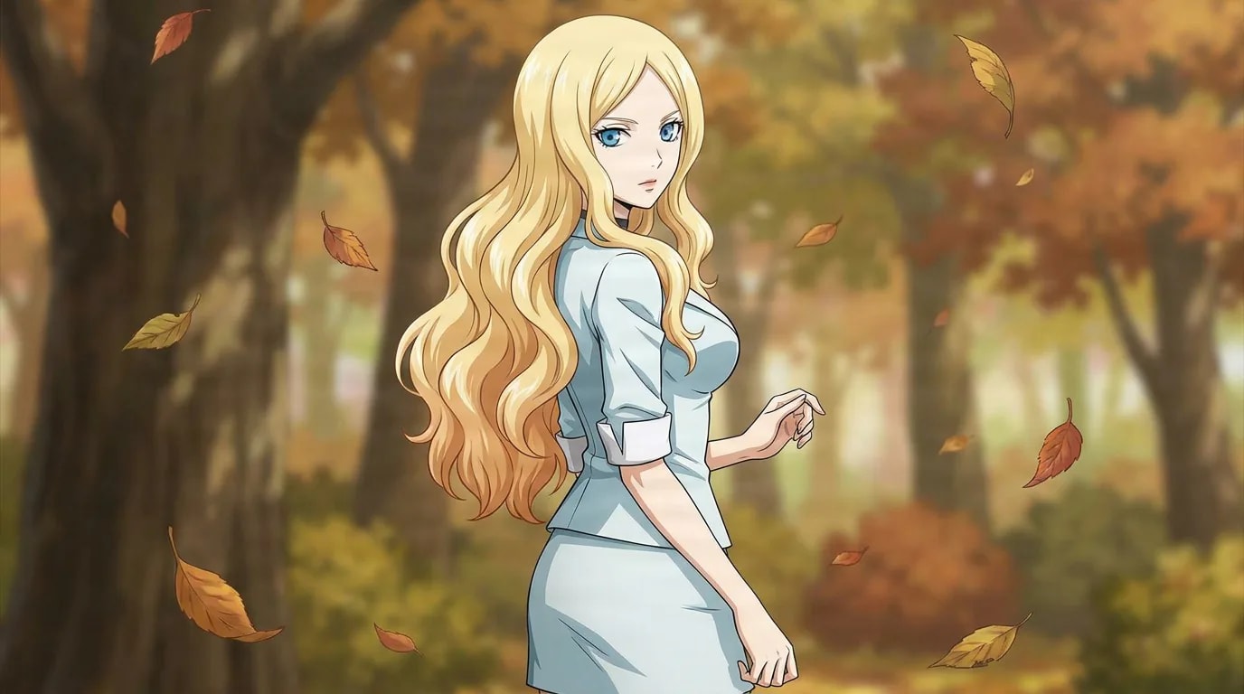 Irina Jelavic glances over her shoulder in a pale blue skirt suit, long blonde hair flowing as autumn leaves drift around her.
