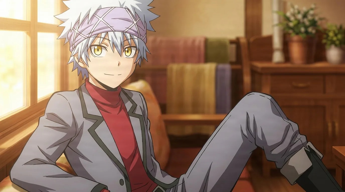 Itona Horibe sits on the floor of a sunny room, a patterned bandana over silver hair, gray blazer atop a red turtleneck.