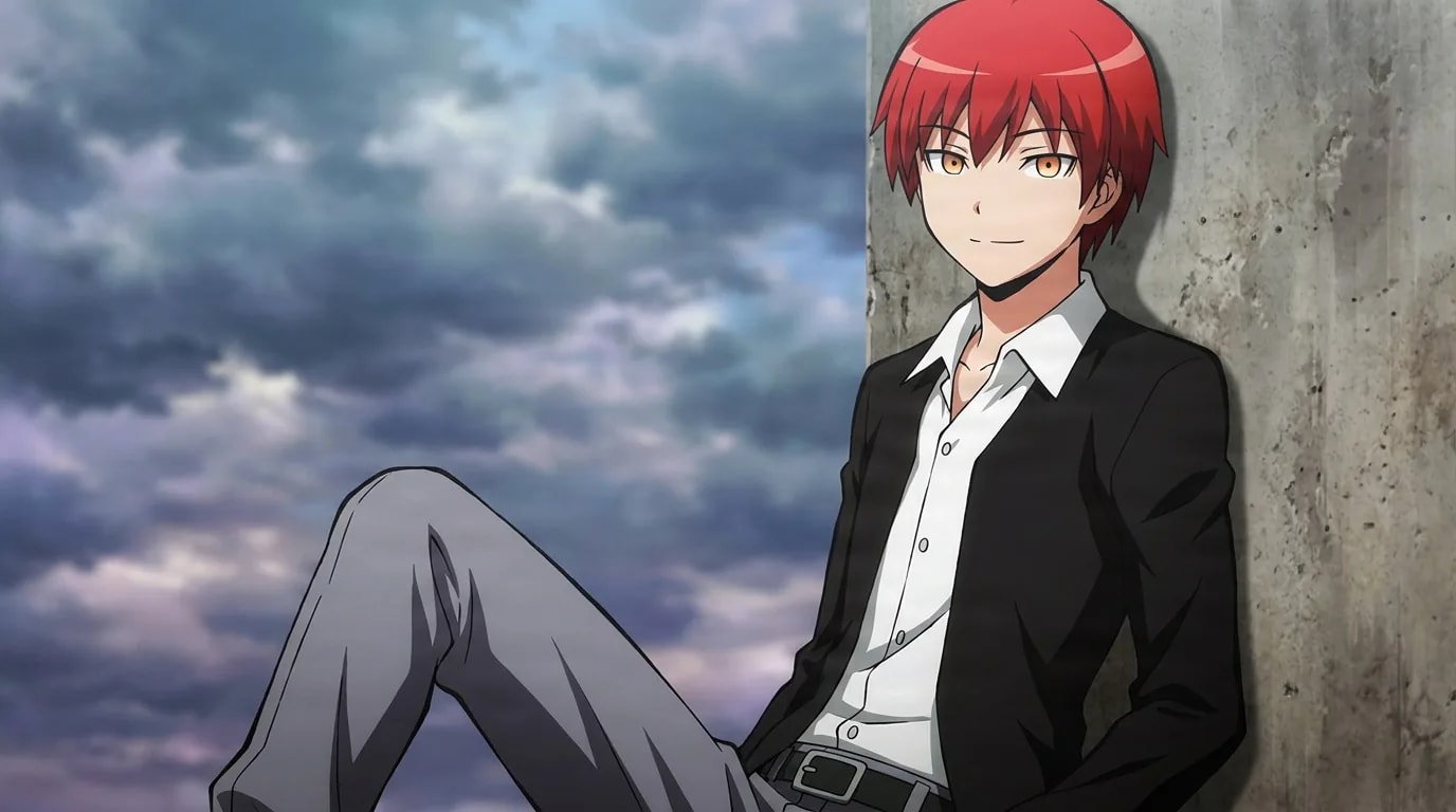 Karma Akabane lounges against a concrete wall in a black jacket and white shirt, smirking beneath a moody clouded sky.