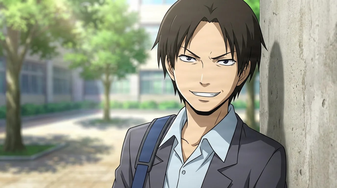 Kensaku Ono leans against a wall with a sly grin, messy brown hair and a blazer over a blue shirt, in a sunny courtyard.