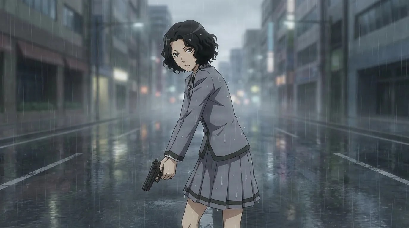 Kirara Hazama grips a pistol at her side and glances back, wavy black hair, gray uniform, on a rainy deserted street.
