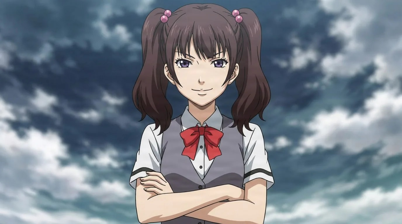 Kokona Tagawa crosses her arms and smiles, brown pigtails with pink bobbles, gray vest and red bow, clouded sky behind.