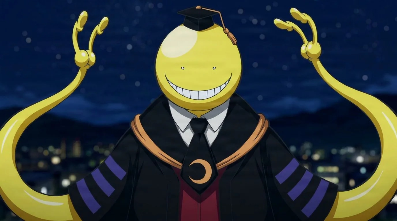 Korosensei grinning under a starry night sky, raising both tentacles above a glowing city skyline in his black graduation cap and academic robe