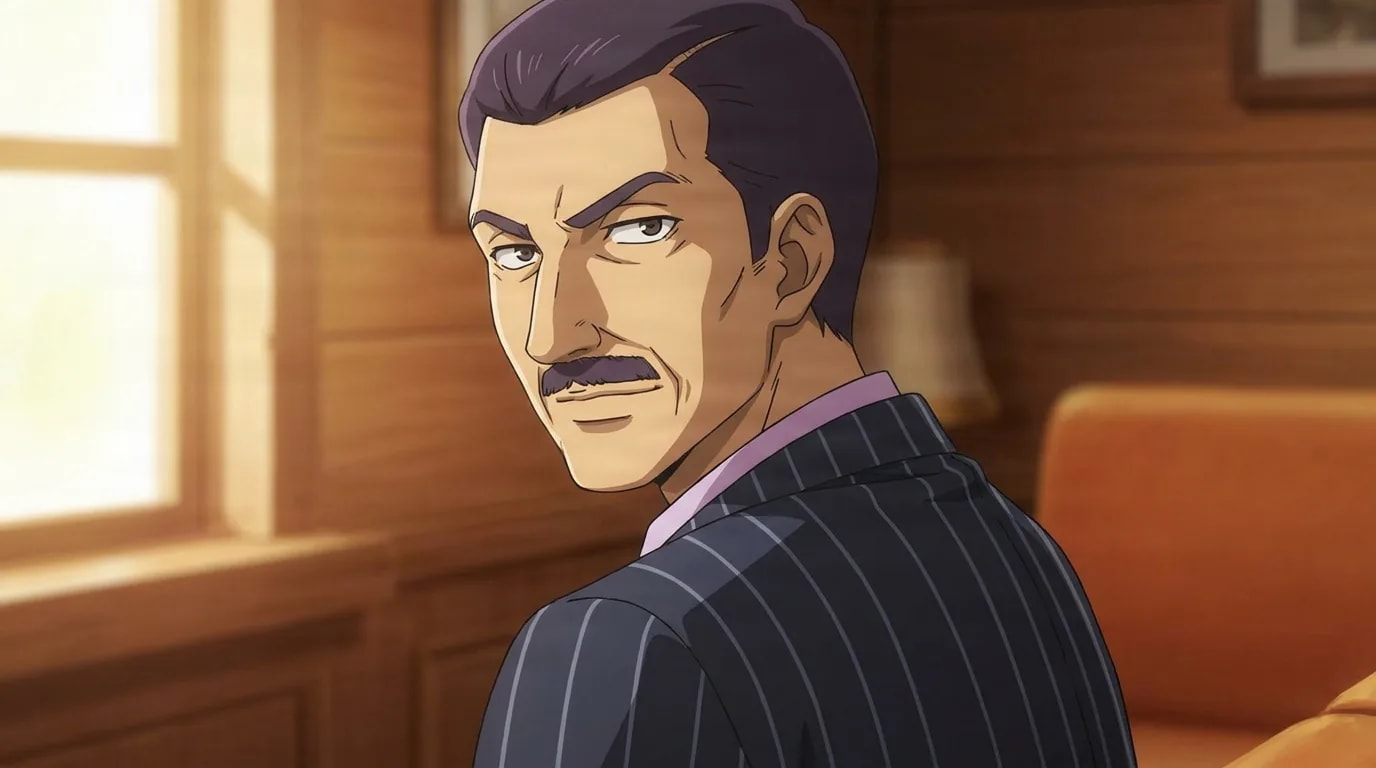 Mario, a mustached man with slicked-back purple hair in a pinstriped suit, glances back over his shoulder in a wood-paneled room.
