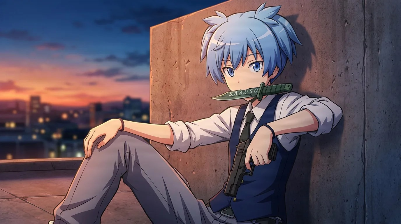 Nagisa Shiota sits against a concrete wall on a rooftop at dusk, a knife clenched in his teeth and a pistol in hand, city skyline behind.