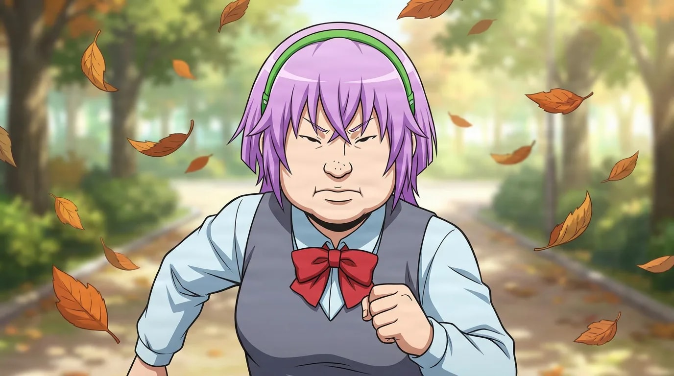 Nise Onaga scowls in a green headband and school vest with a red bow, lavender hair, autumn leaves drifting in a park.