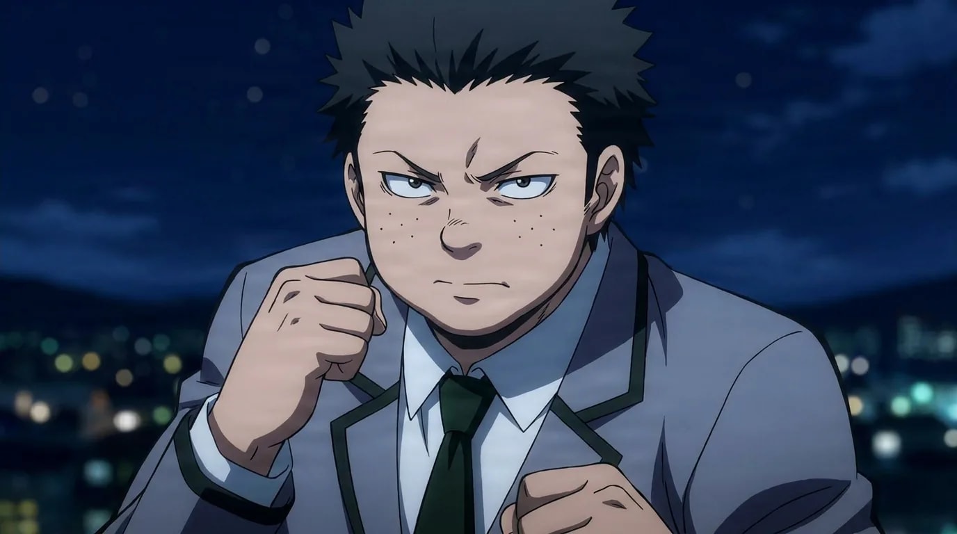Nobuta Tanaka raises his fists in a fighting stance with a fierce glare, spiky black hair and gray blazer, night city behind.