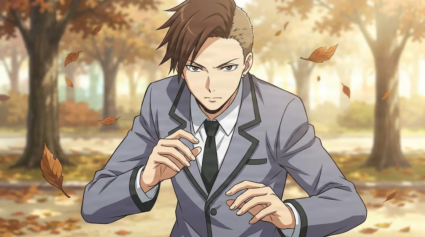 Ren Sakakibara raises his hands in a combat stance, brown undercut hair and gray blazer, in an autumn park.
