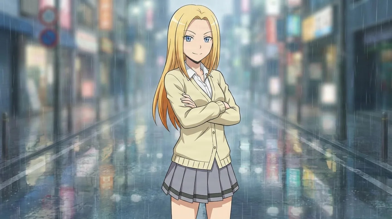 Rio Nakamura crosses her arms in a cream cardigan and pleated skirt, long blonde hair, on a rain-slicked city street.