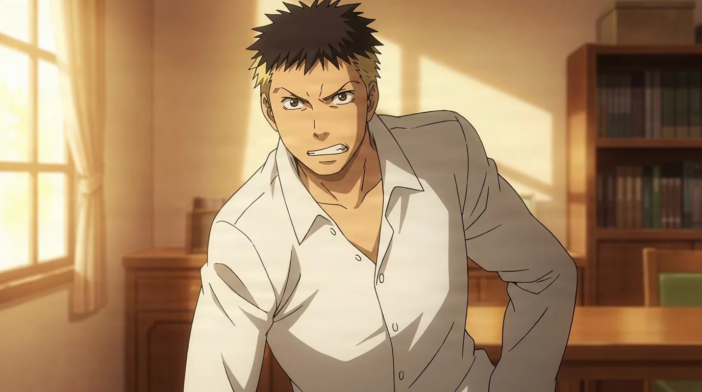 Ryoma Terasaka leans forward with gritted teeth and a hand on his hip, spiky hair and open white shirt, in a sunlit room.