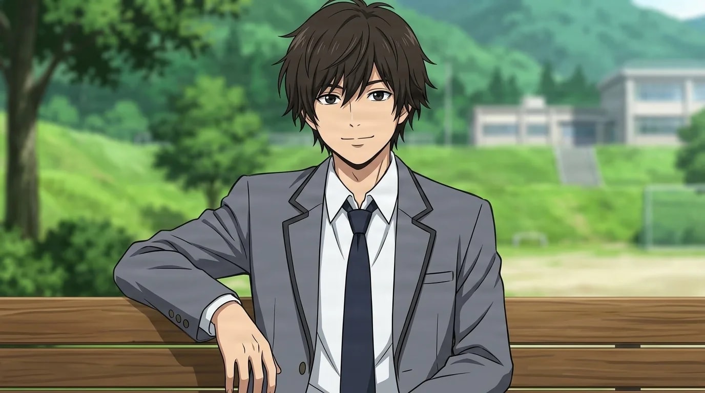 Yuma Isogai, a smiling young man with tousled brown hair in a grey blazer and tie, leans on a wooden bench with green hills behind.