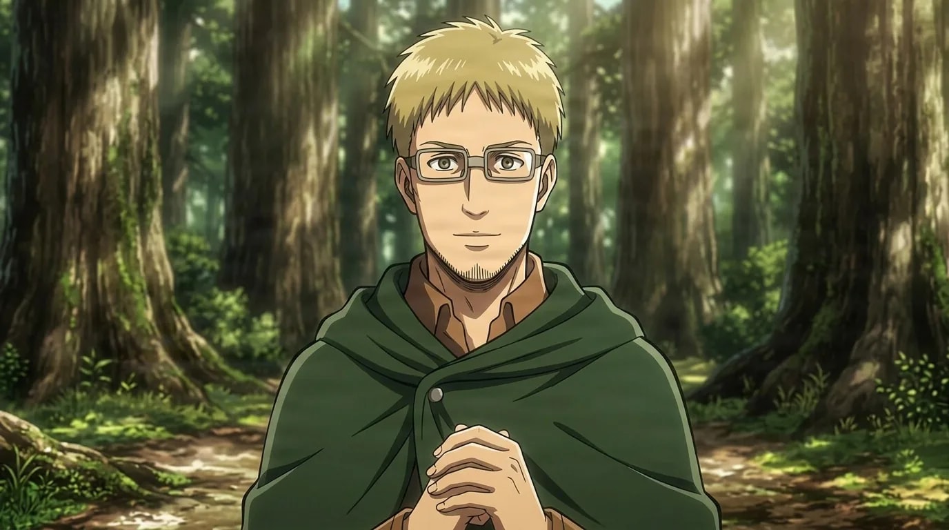 Abel standing in a forest of towering trees, blond hair and glasses, wrapped in a green Survey Corps cloak with hands clasped