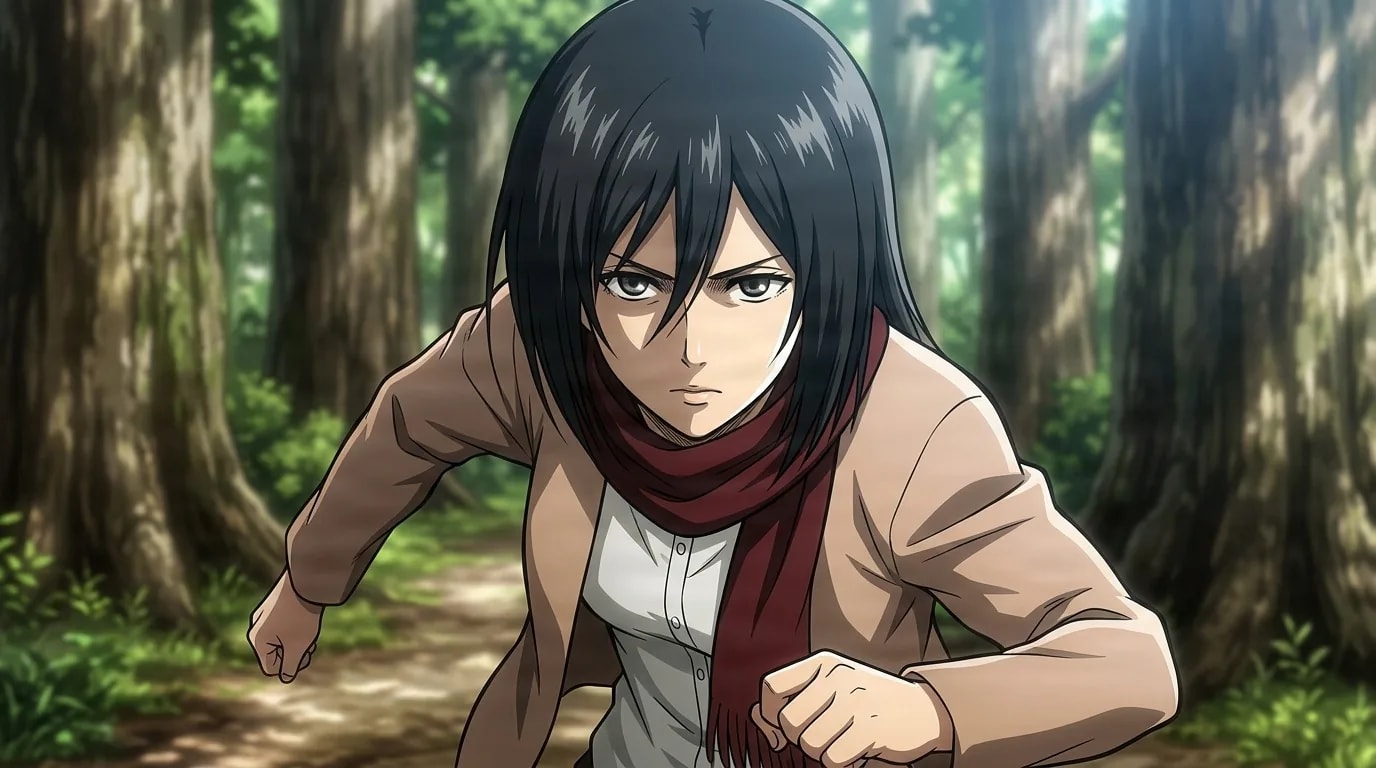 Ackerman clan fighter with black hair and a red scarf, crouched in a ready stance in a sunlit forest
