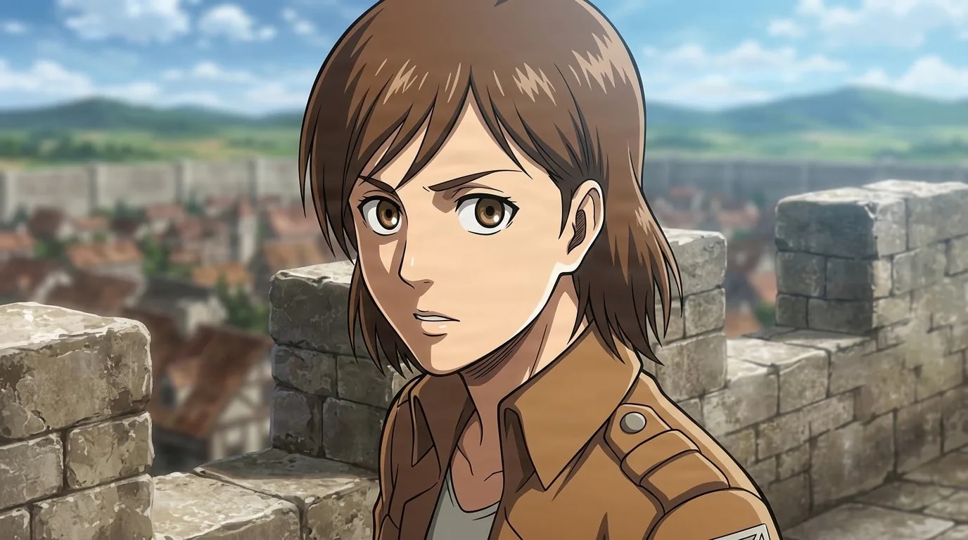Anka in a tan Survey Corps jacket, glancing back with a serious look while standing on a stone wall above a red-roofed town