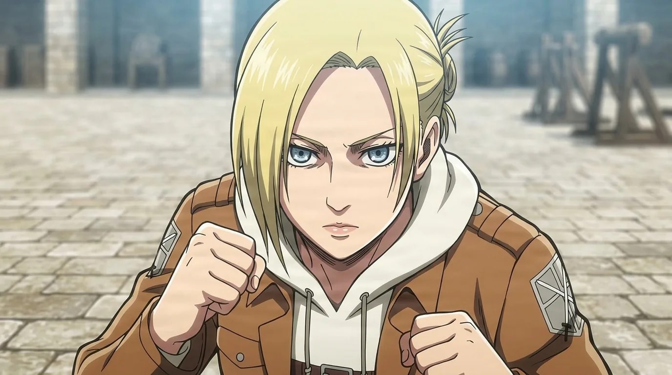 Annie Leonhart, a blonde woman with a hair bun in a brown hooded jacket, raises both fists in a fighting stance in a courtyard.