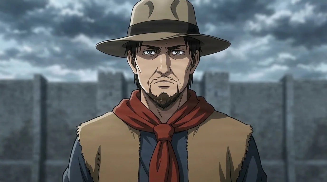 Artur Blouse in a wide-brimmed hat and red neck scarf, bearded and stern, standing before the grey stone Wall under stormy clouds.
