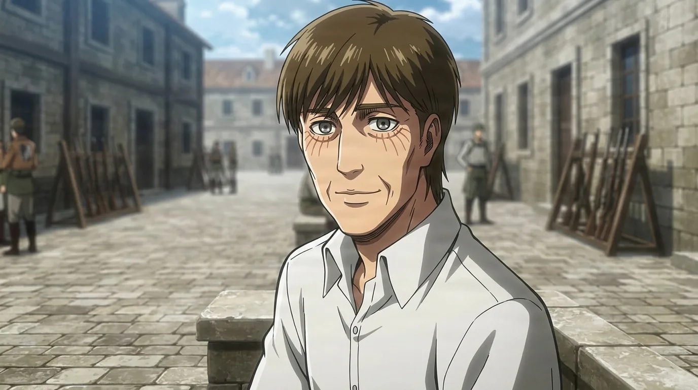 Attack Titan inheritor seated in a stone military courtyard, brown hair and a tired smile, white shirt, rifle racks lined up behind him