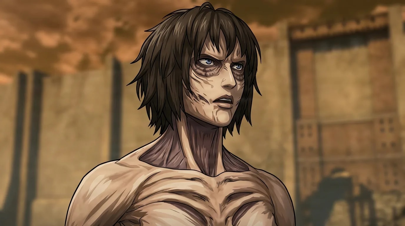 Bizarre Titan (AoT Game) from Attack On Titan in a close-framed cel-shaded anime scene with a detailed environment
